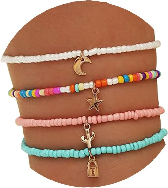 Dcfywl731 4 Pcs Handmade Beaded Bracelets Anklets for Women Boho Elastic Beaded Anklets Bracelets Colorful Beads Ankle Bracelets Set