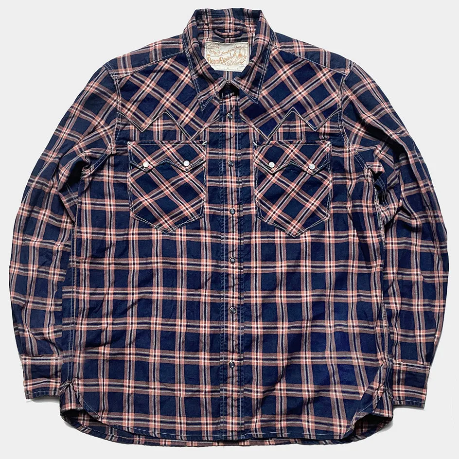 DDL 319R-DIABLO SWT-CRB REGULAR FIT 2 POCKET WESTERN INDIGO RED CHECK SHIRT-6.5OZ-E1 1L INDIGO CHECK