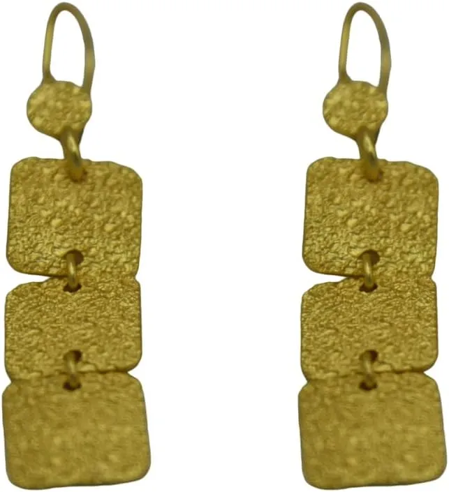 DeKulture Hand Hammered 3 Tiles Flash Gold Plated Dangle Earring for Women
