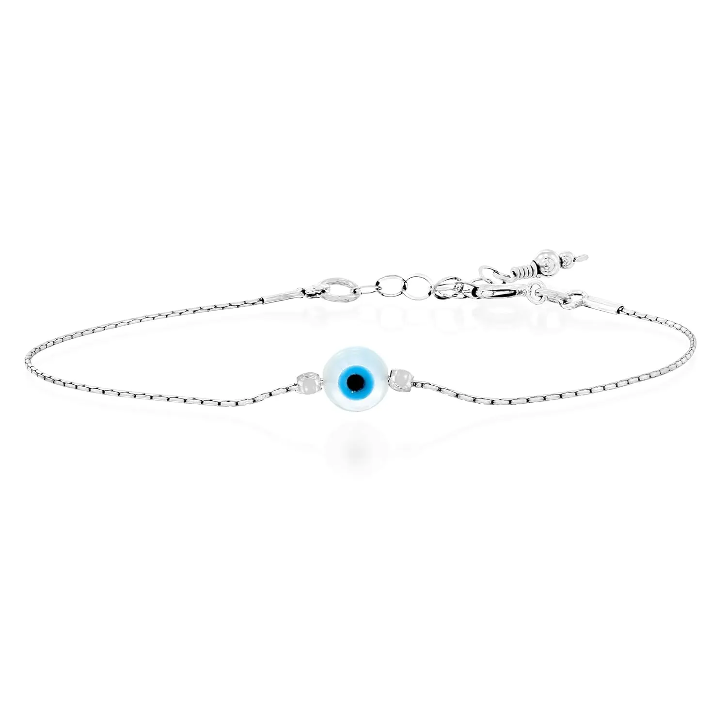 Delicate Evil Eye Charm on a Thin Sterling Silver Bracelet - Handmade Delicate Protection Bracelet - Length 6.5   1 inch extending (Round Eye, Sterling Silver)