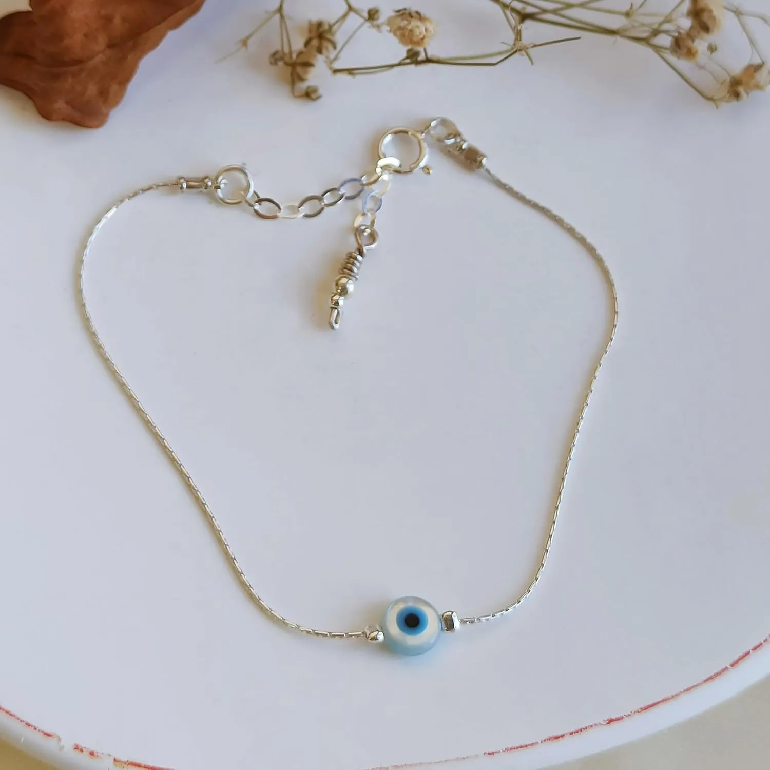 Delicate Evil Eye Charm on a Thin Sterling Silver Bracelet - Handmade Delicate Protection Bracelet - Length 6.5   1 inch extending (Round Eye, Sterling Silver)