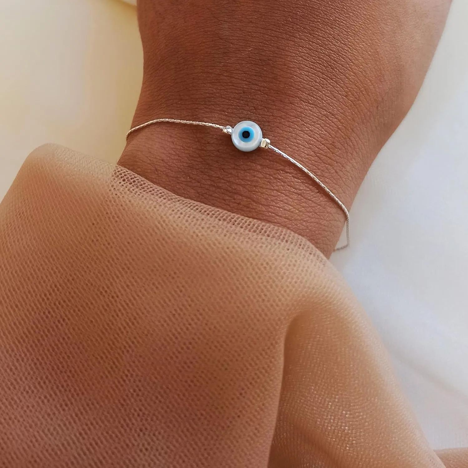 Delicate Evil Eye Charm on a Thin Sterling Silver Bracelet - Handmade Delicate Protection Bracelet - Length 6.5   1 inch extending (Round Eye, Sterling Silver)