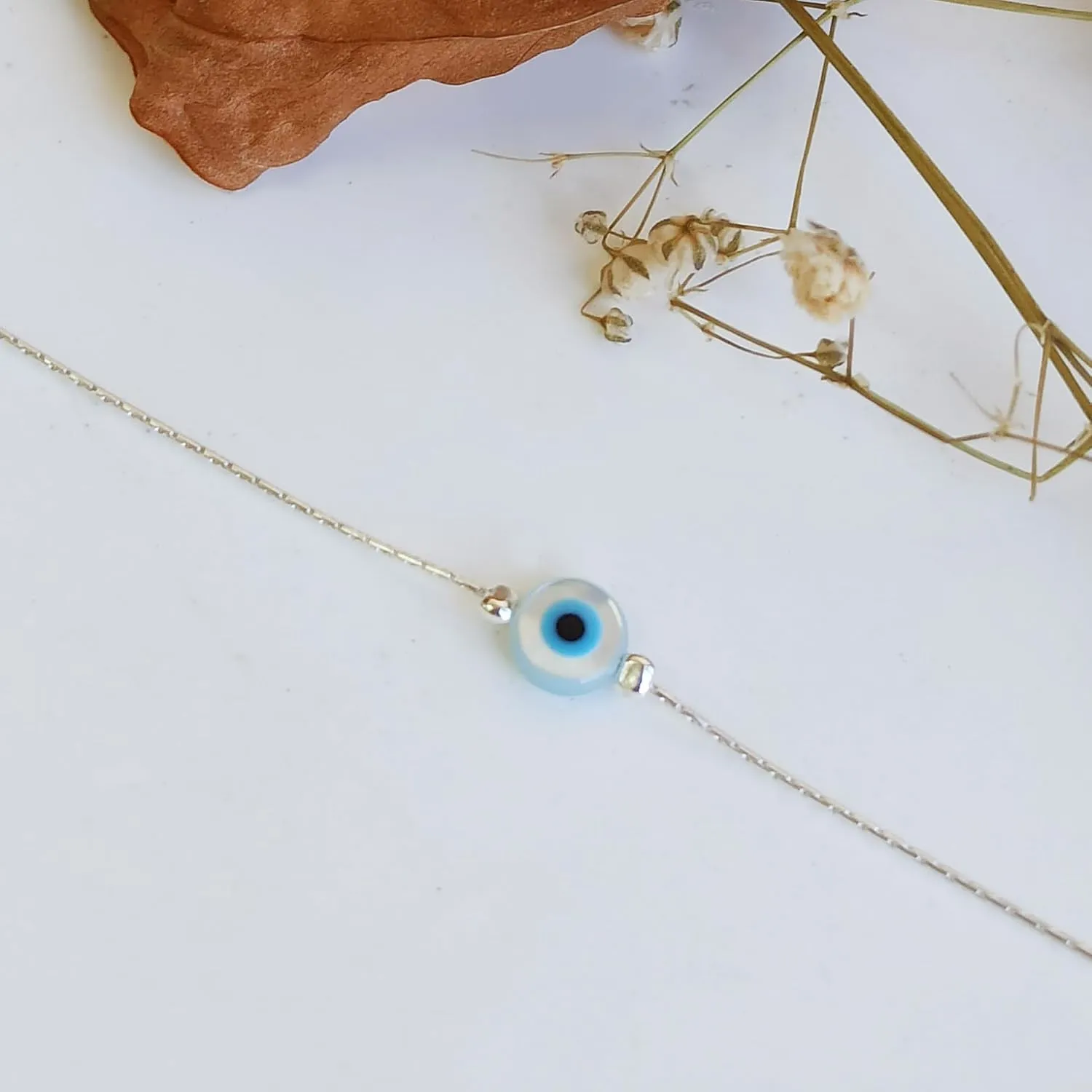 Delicate Evil Eye Charm on a Thin Sterling Silver Bracelet - Handmade Delicate Protection Bracelet - Length 6.5   1 inch extending (Round Eye, Sterling Silver)