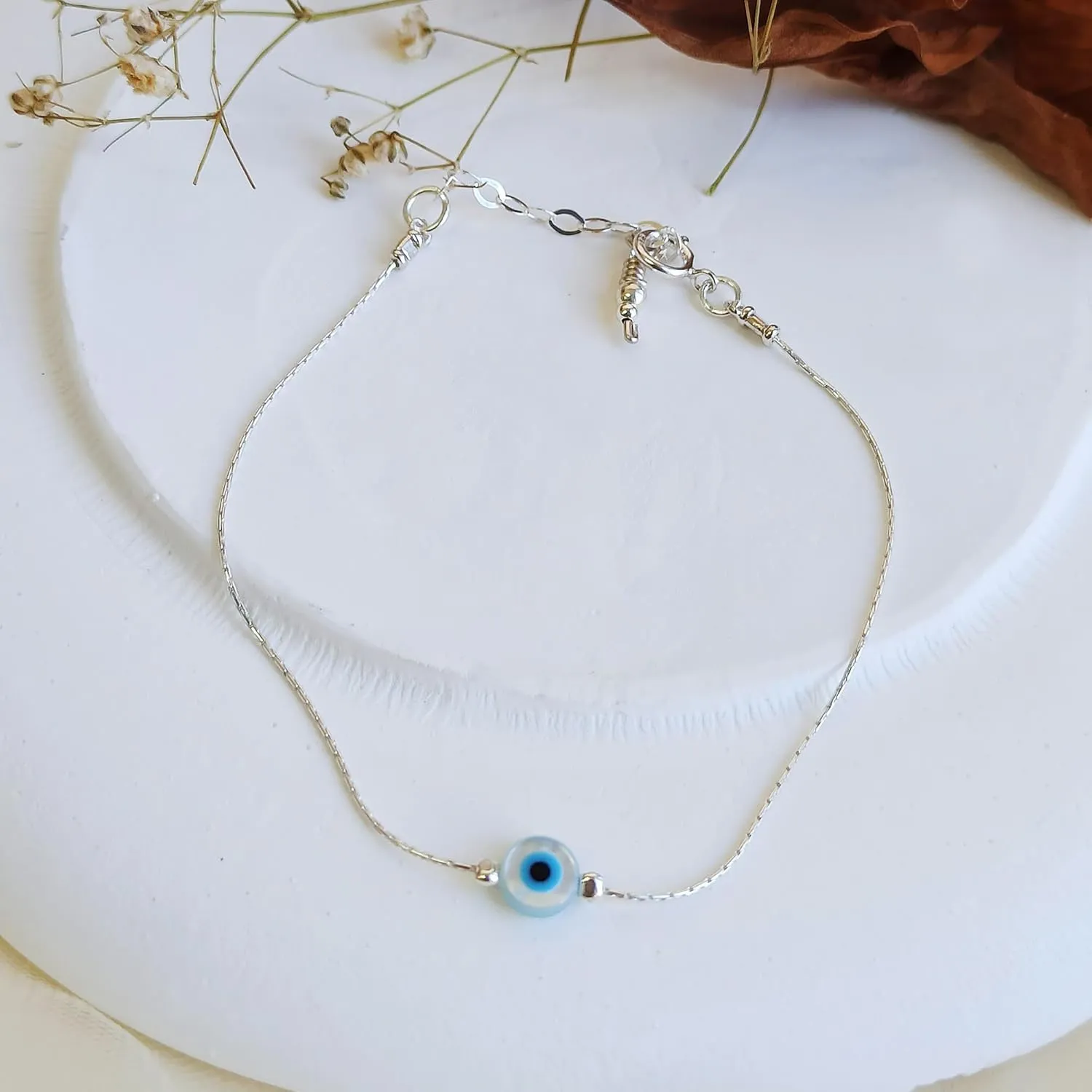 Delicate Evil Eye Charm on a Thin Sterling Silver Bracelet - Handmade Delicate Protection Bracelet - Length 6.5   1 inch extending (Round Eye, Sterling Silver)