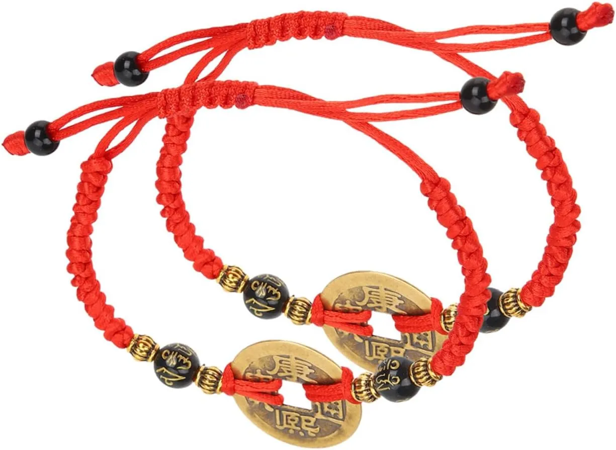 Didiseaon 2Pcs Adjustable Red String Bracelets with Coin Design Handmade Braided String Jewelry for Women and Men Friendship Bracelets Unique Present for Any Occasion