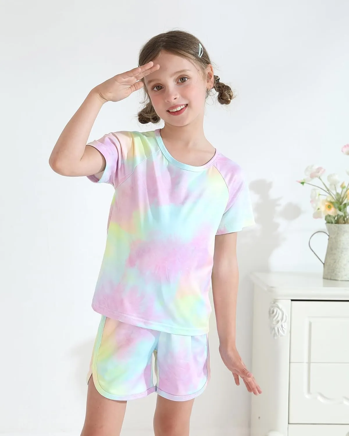 DISAUR Girls Summer Clothes 2 Piece Tie Dye Clothes for Girls T-Shirt and Shorts Set with Side Pockets 4-10 Years