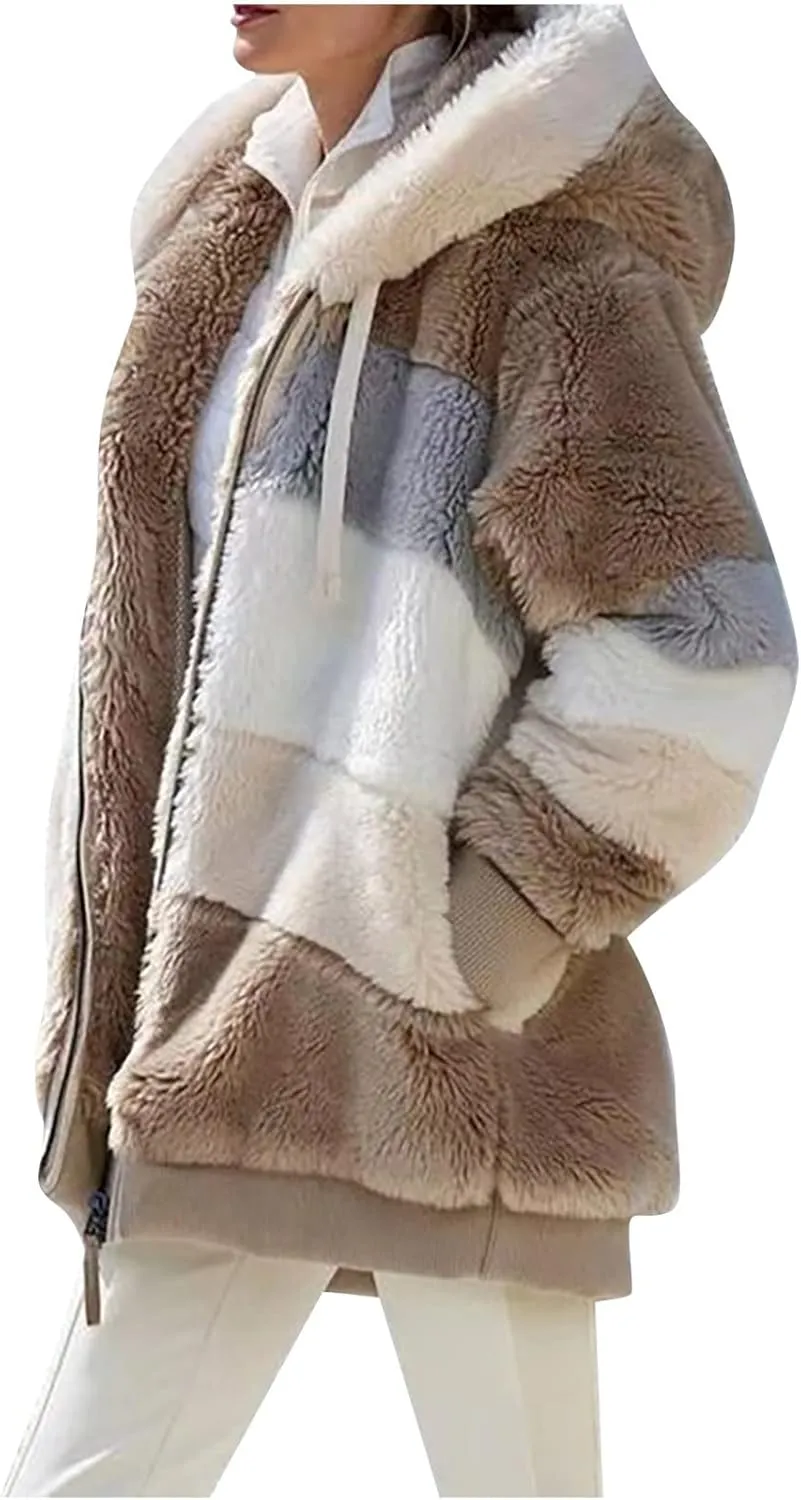 DOLKFU Women Oversized Winter Coat Jacket Zip Up Hooded Coats Shaggy Fleece Open Front Jackets Thick Sherpa Lined Warm Tops