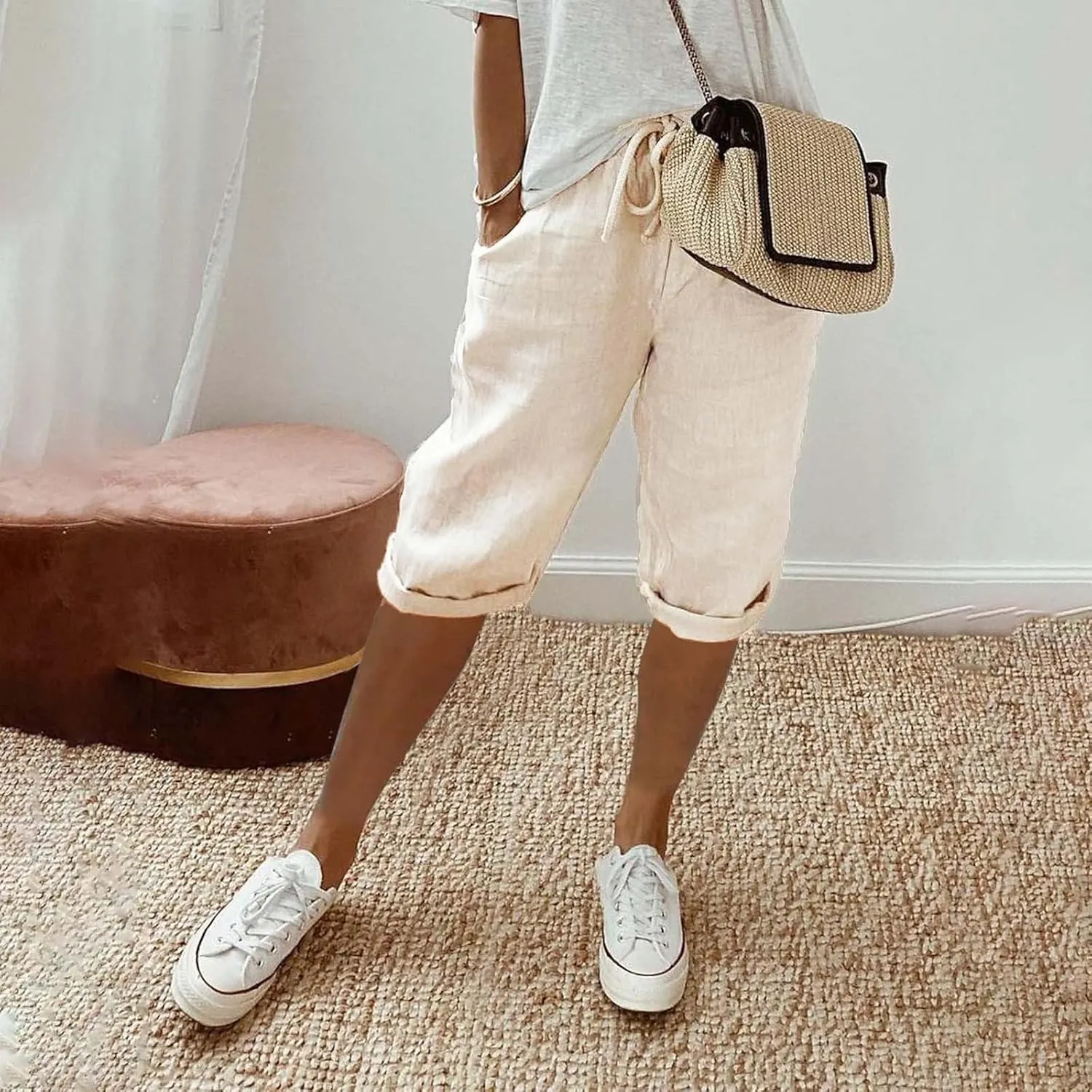 Drawstring Linen Pants Women 2025 Independence Day American Flag Print Family Print Pants Capri Pants 2025 Pants