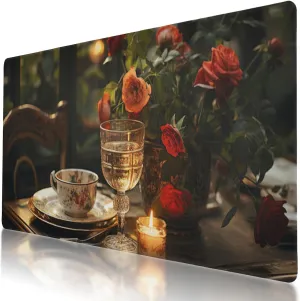 Durable Romantic Dinner Design Mouse Pad 35.5 x 16 Inch with Non-Slip Base, Waterproof, Comfortable for Extended Gaming