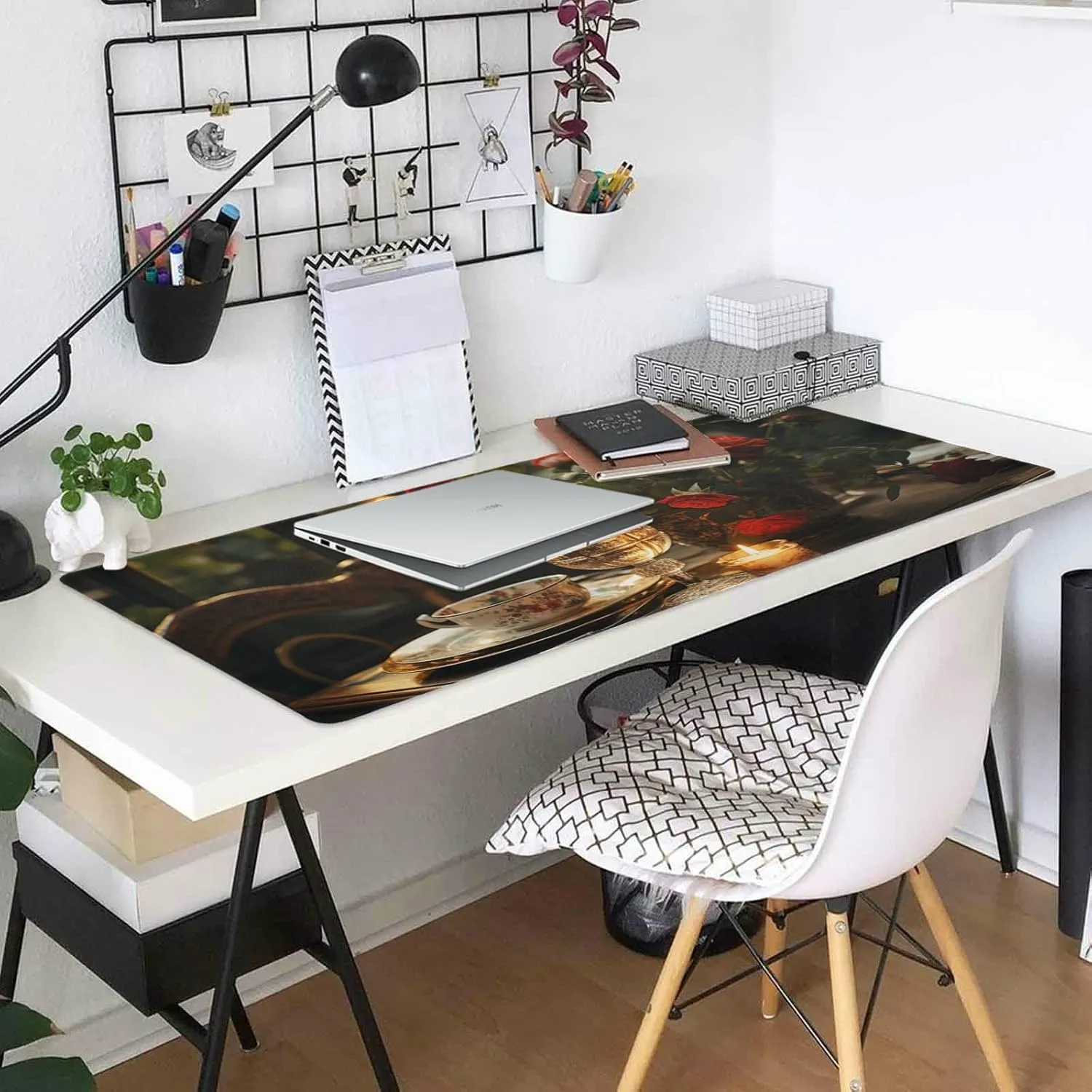 Durable Romantic Dinner Design Mouse Pad 35.5 x 16 Inch with Non-Slip Base, Waterproof, Comfortable for Extended Gaming