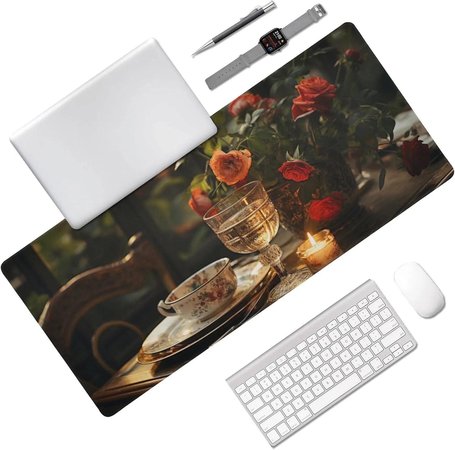 Durable Romantic Dinner Design Mouse Pad 35.5 x 16 Inch with Non-Slip Base, Waterproof, Comfortable for Extended Gaming