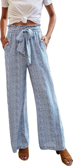 ECOWISH Palazzo Pants for Women Casual 2025 Summer Loose Baggy Wide Leg Flowy High Waisted Polka Dot Trouser with Belt Pocket