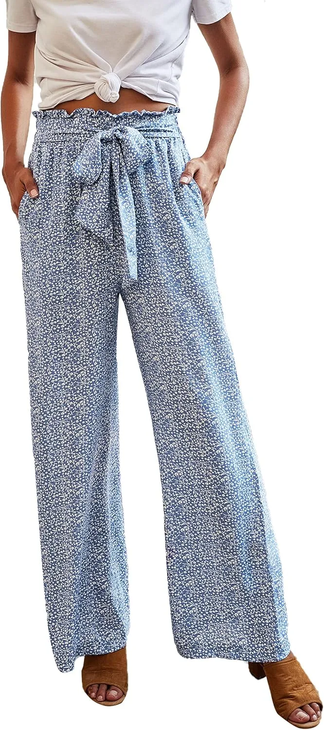 ECOWISH Palazzo Pants for Women Casual 2025 Summer Loose Baggy Wide Leg Flowy High Waisted Polka Dot Trouser with Belt Pocket