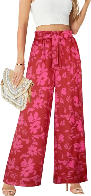 ECOWISH Palazzo Pants for Women Casual 2025 Summer Loose Baggy Wide Leg Flowy High Waisted Polka Dot Trouser with Belt Pocket
