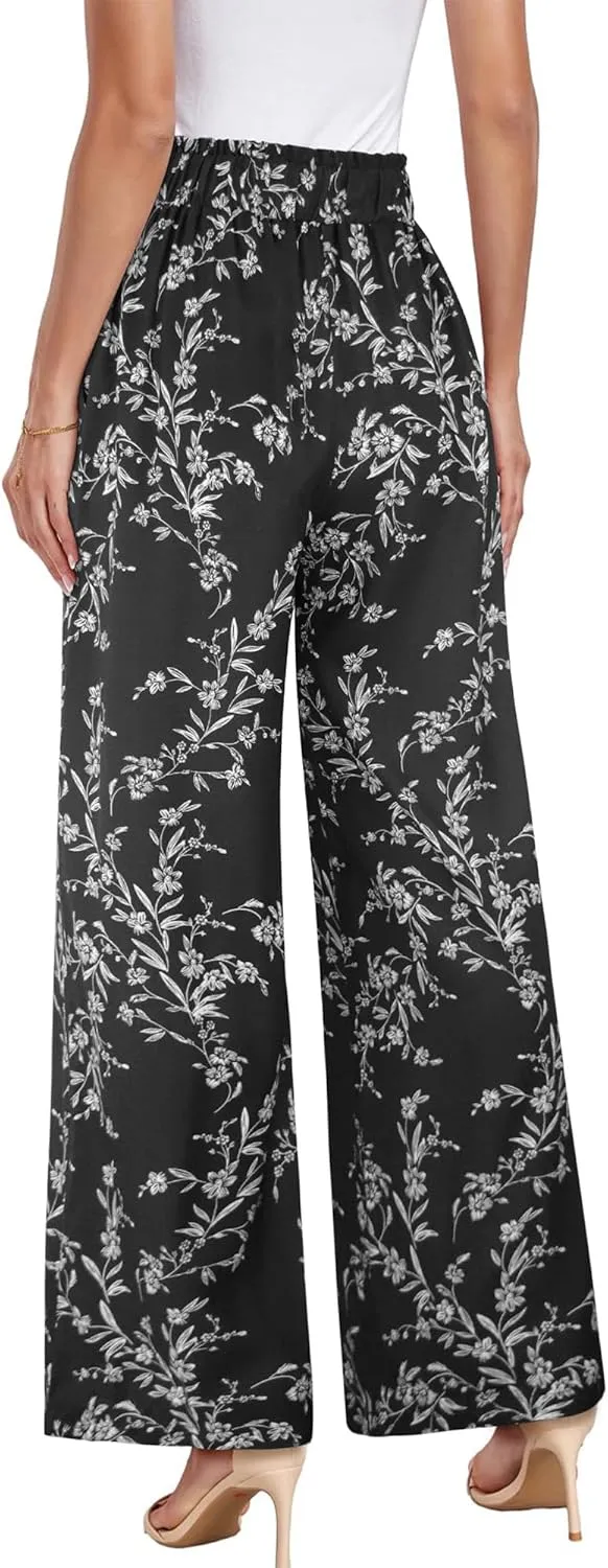 ECOWISH Palazzo Pants for Women Casual 2025 Summer Loose Baggy Wide Leg Flowy High Waisted Polka Dot Trouser with Belt Pocket