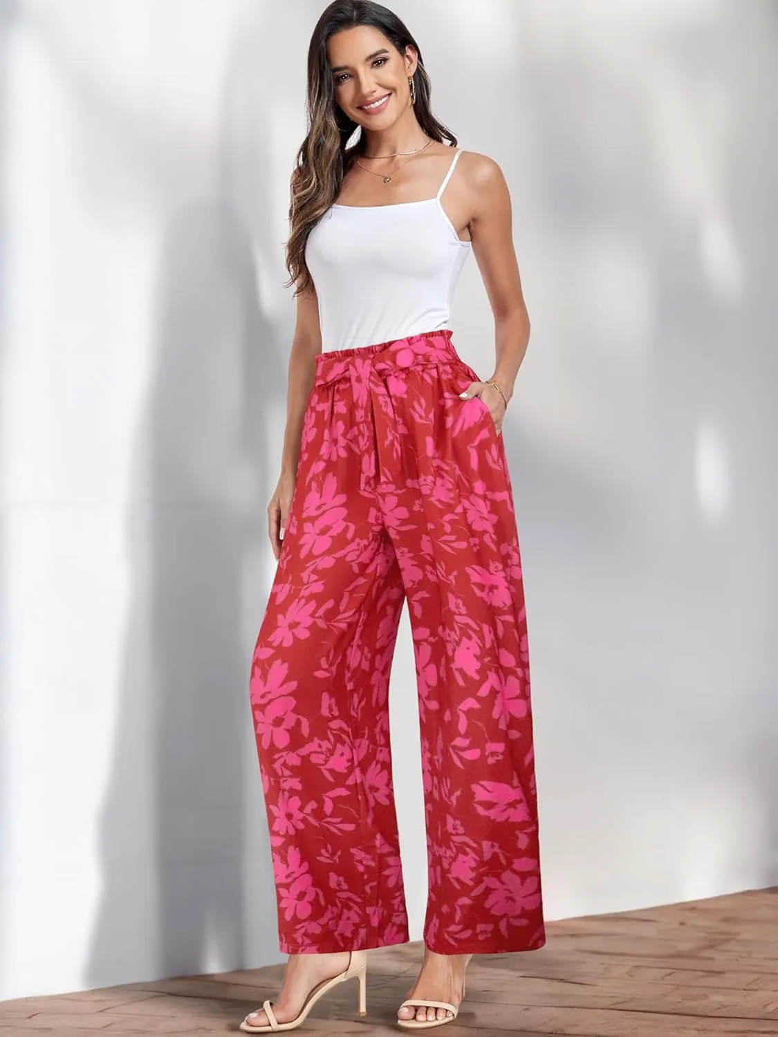 ECOWISH Palazzo Pants for Women Casual 2025 Summer Loose Baggy Wide Leg Flowy High Waisted Polka Dot Trouser with Belt Pocket