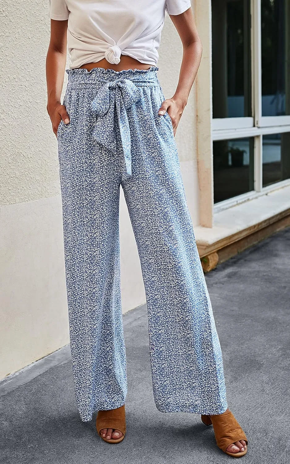 ECOWISH Palazzo Pants for Women Casual 2025 Summer Loose Baggy Wide Leg Flowy High Waisted Polka Dot Trouser with Belt Pocket