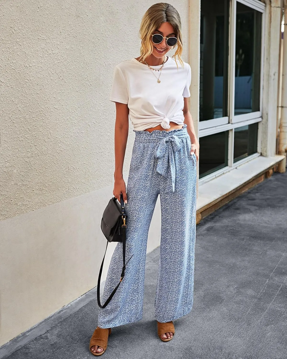 ECOWISH Palazzo Pants for Women Casual 2025 Summer Loose Baggy Wide Leg Flowy High Waisted Polka Dot Trouser with Belt Pocket