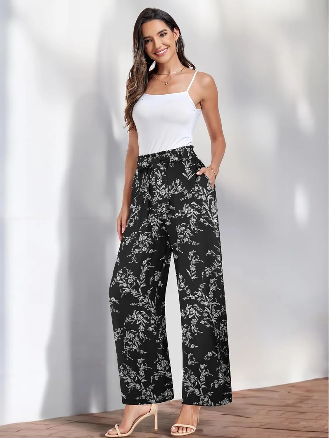 ECOWISH Palazzo Pants for Women Casual 2025 Summer Loose Baggy Wide Leg Flowy High Waisted Polka Dot Trouser with Belt Pocket