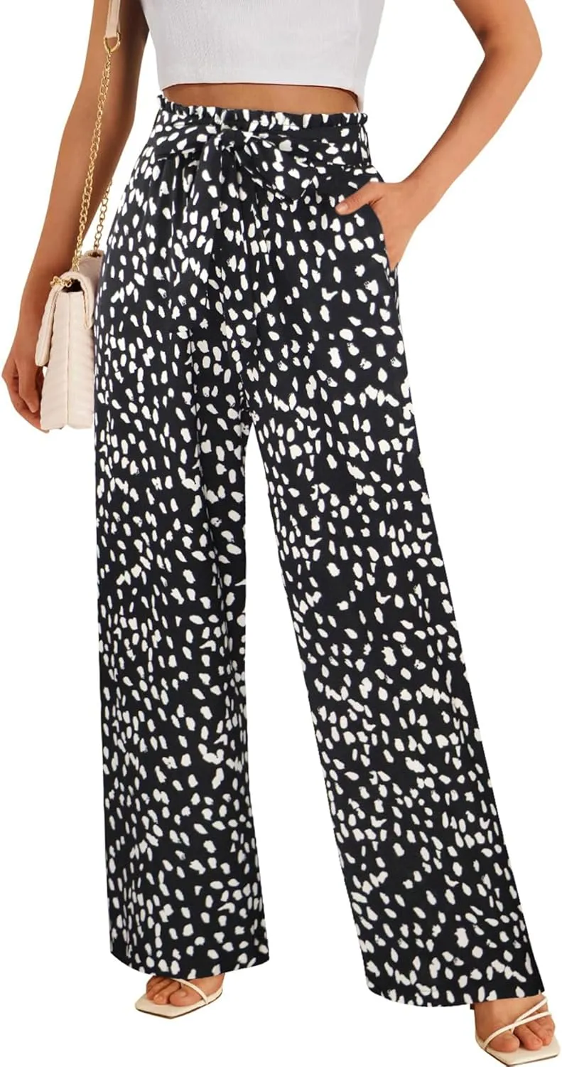 ECOWISH Palazzo Pants for Women Casual 2025 Summer Loose Baggy Wide Leg Flowy High Waisted Polka Dot Trouser with Belt Pocket