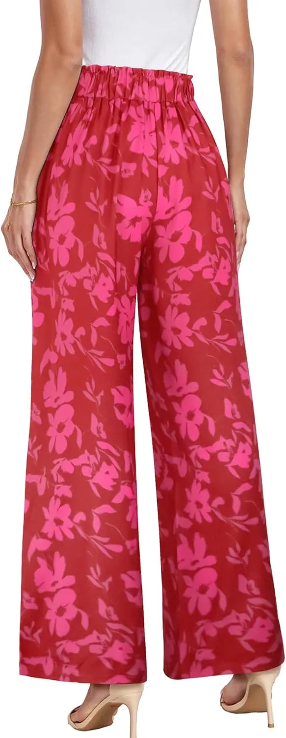 ECOWISH Palazzo Pants for Women Casual 2025 Summer Loose Baggy Wide Leg Flowy High Waisted Polka Dot Trouser with Belt Pocket