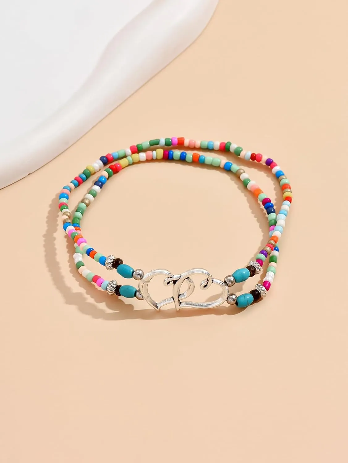 Elastic Beaded Ankle Bracelet for Women Double Layered Hollow Heart Anklet Boho Turquoise Elastic Anklet Bracelet Summer Beach Foot Jewelry