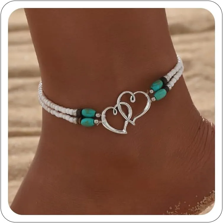 Elastic Beaded Ankle Bracelets for Women Double Heart Layered Stretch Ankle Bracelets Waterproof Dainty Boho Beaded Anklets for Summer Beach Foot Jewelry