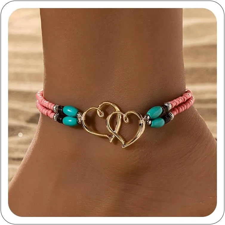 Elastic Beaded Ankle Bracelets for Women Double Heart Layered Stretch Ankle Bracelets Waterproof Dainty Boho Beaded Anklets for Summer Beach Foot Jewelry