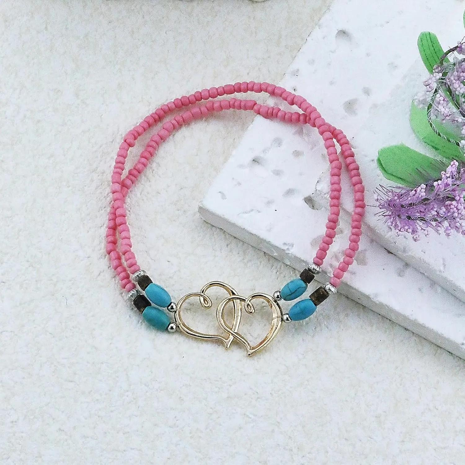 Elastic Beaded Ankle Bracelets for Women Double Heart Layered Stretch Ankle Bracelets Waterproof Dainty Boho Beaded Anklets for Summer Beach Foot Jewelry