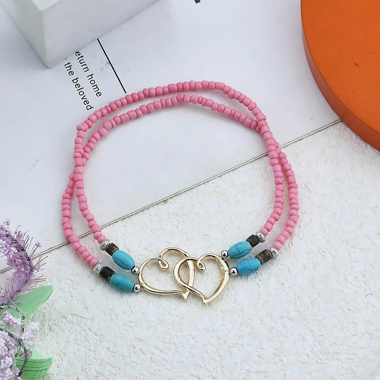 Elastic Beaded Ankle Bracelets for Women Double Heart Layered Stretch Ankle Bracelets Waterproof Dainty Boho Beaded Anklets for Summer Beach Foot Jewelry