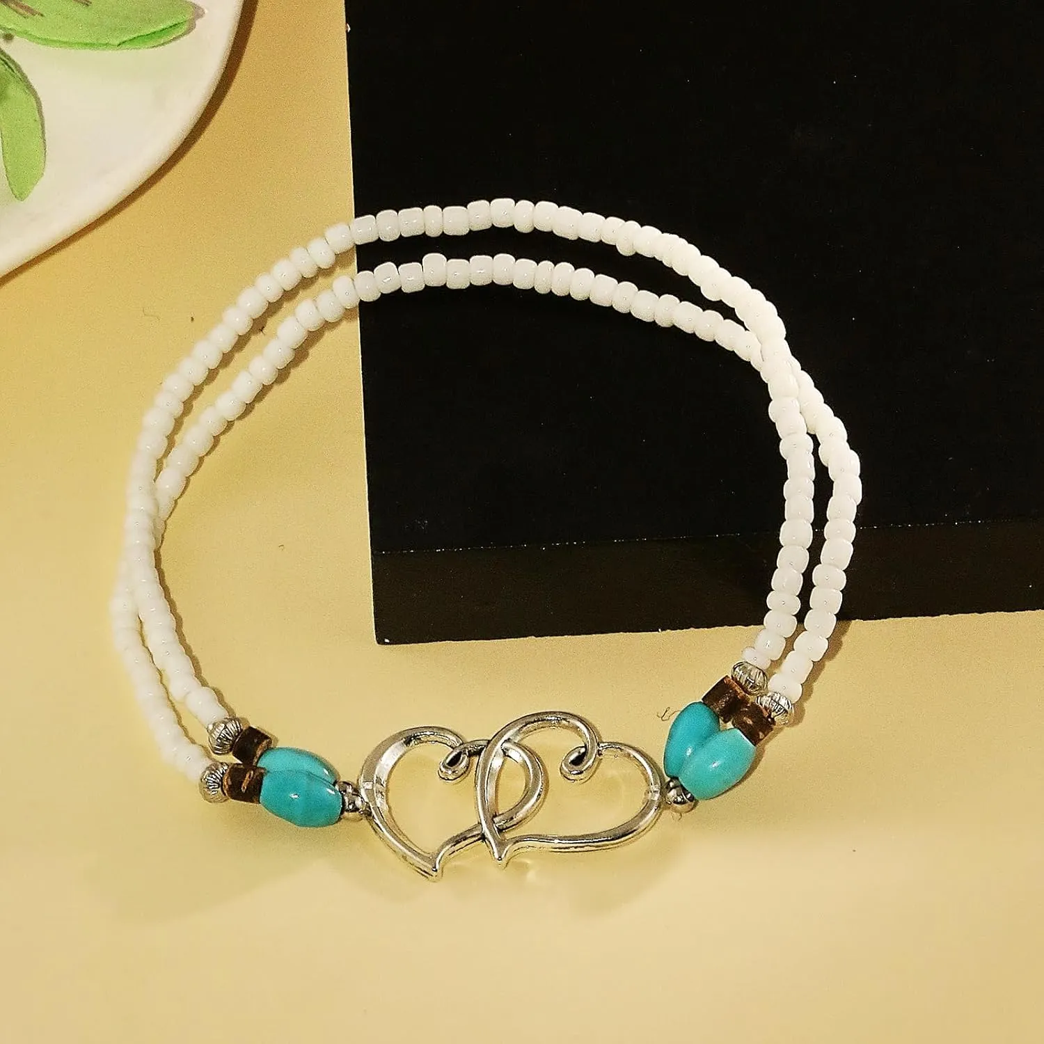 Elastic Beaded Ankle Bracelets for Women Double Heart Layered Stretch Ankle Bracelets Waterproof Dainty Boho Beaded Anklets for Summer Beach Foot Jewelry