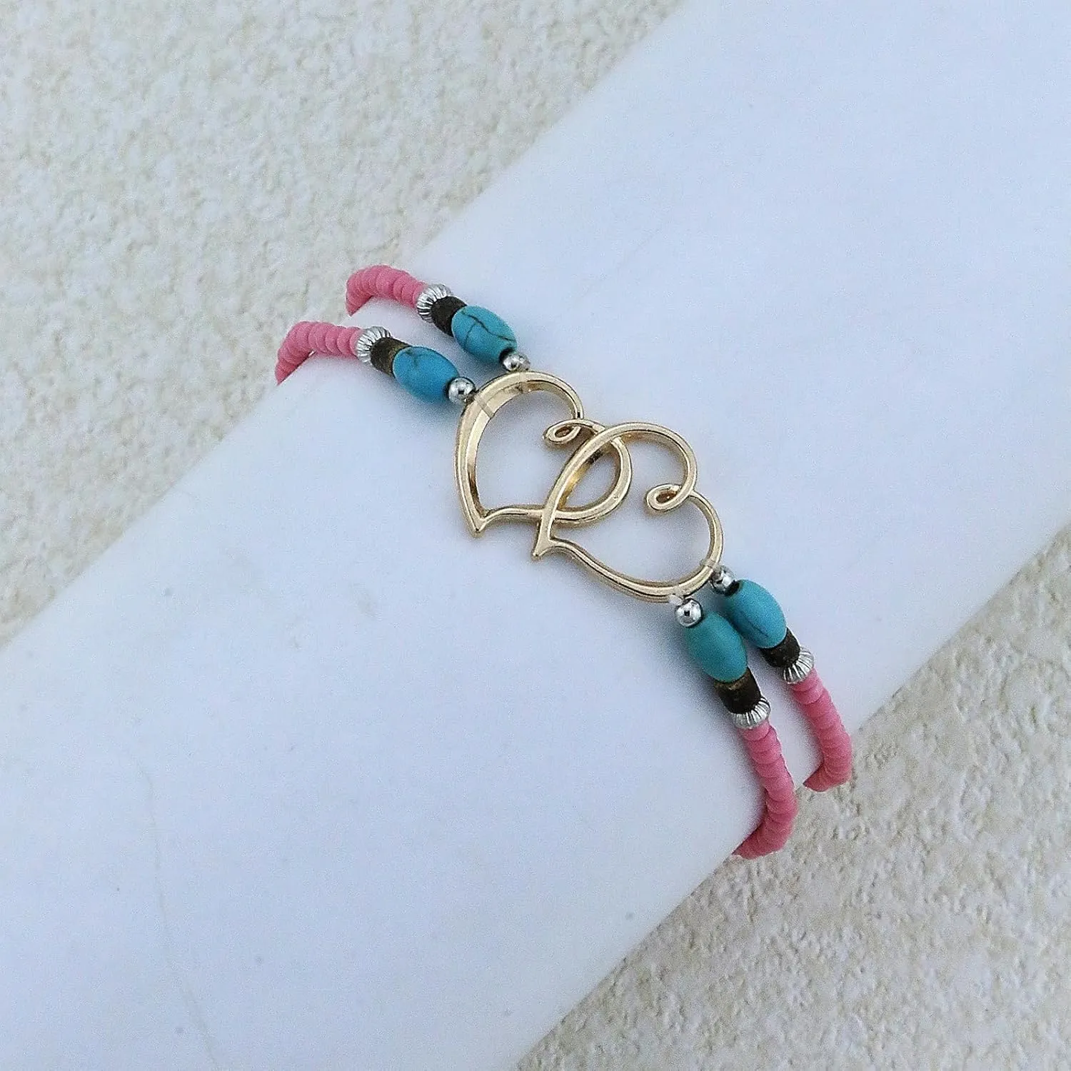 Elastic Beaded Ankle Bracelets for Women Double Heart Layered Stretch Ankle Bracelets Waterproof Dainty Boho Beaded Anklets for Summer Beach Foot Jewelry