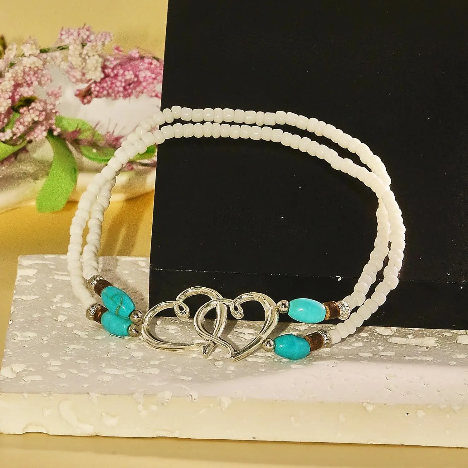 Elastic Beaded Ankle Bracelets for Women Double Heart Layered Stretch Ankle Bracelets Waterproof Dainty Boho Beaded Anklets for Summer Beach Foot Jewelry