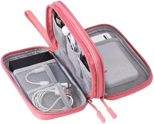 Electronic Organizer, Ultimate Travel Cable Organizer Bag - Double Layer Water-Resistant Portable Carry Case for Electronic, Charger, Power Bank, Flash Drive, Cord, and Phone (Pink)