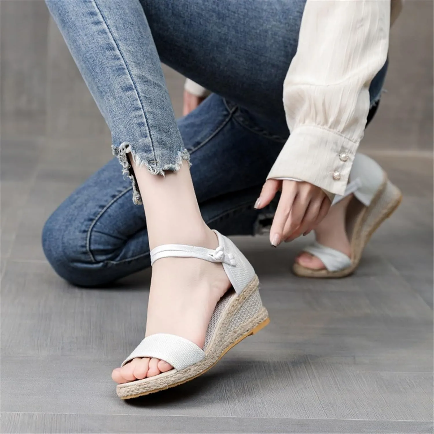 Espadrilles Wedges For Women Open Toe Low Heel Beach Sandals Slip On Ankle Strap Dress Shoes Fashion Platform Boho Sandals