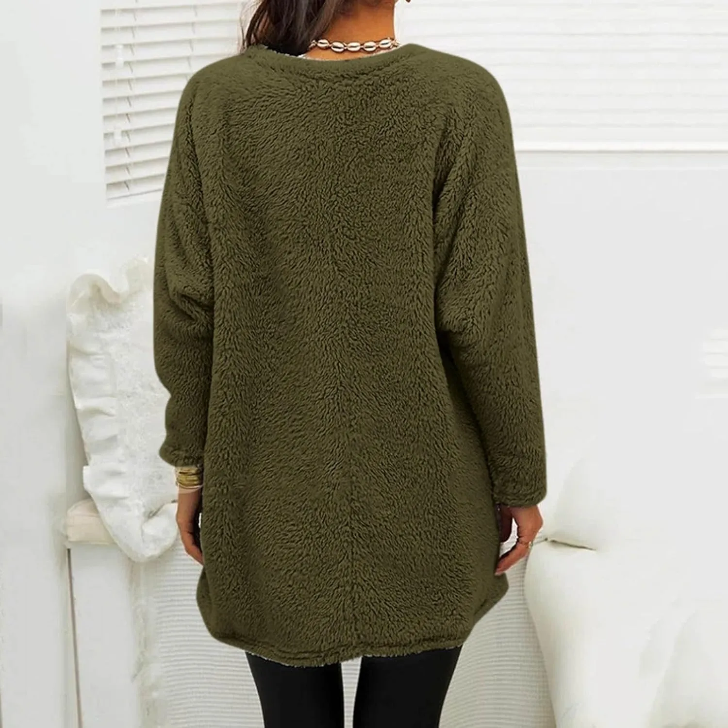 Fall Sweaters for Women 2024 Long Fuzzy Fleece Pullover Trendy Casual Crewneck Sweatshirt Shaggy Coat with Pockets