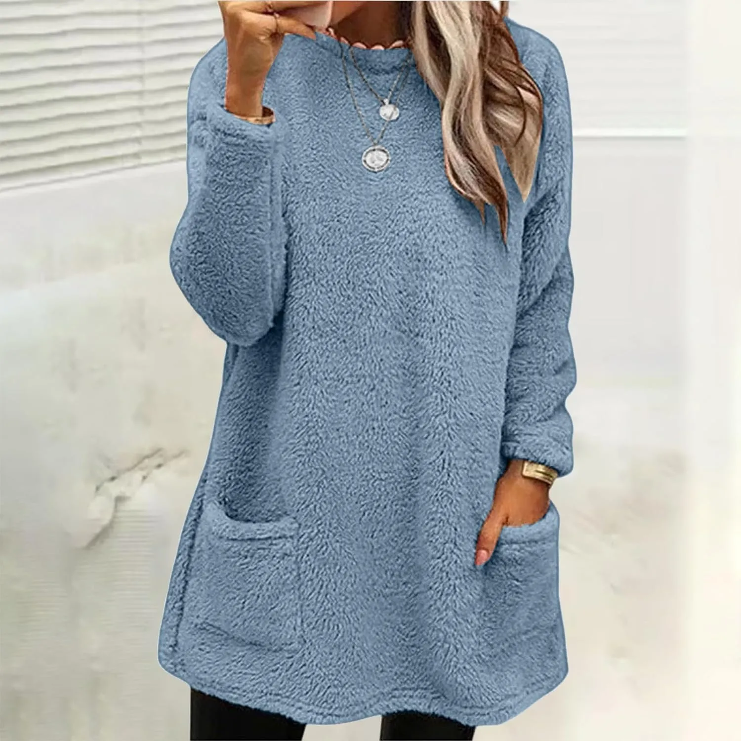 Fall Sweaters for Women 2024 Long Fuzzy Fleece Pullover Trendy Casual Crewneck Sweatshirt Shaggy Coat with Pockets
