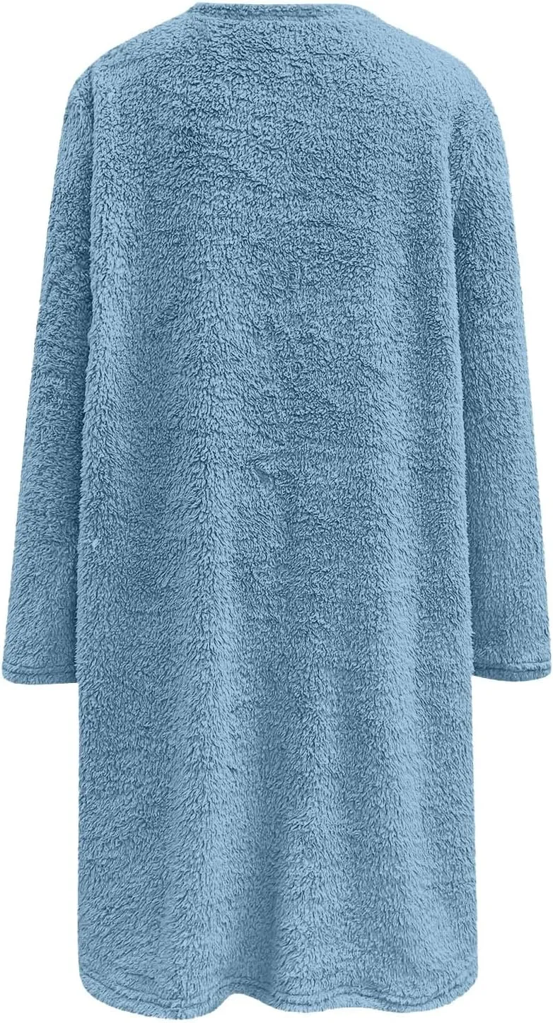 Fall Sweaters for Women 2024 Long Fuzzy Fleece Pullover Trendy Casual Crewneck Sweatshirt Shaggy Coat with Pockets