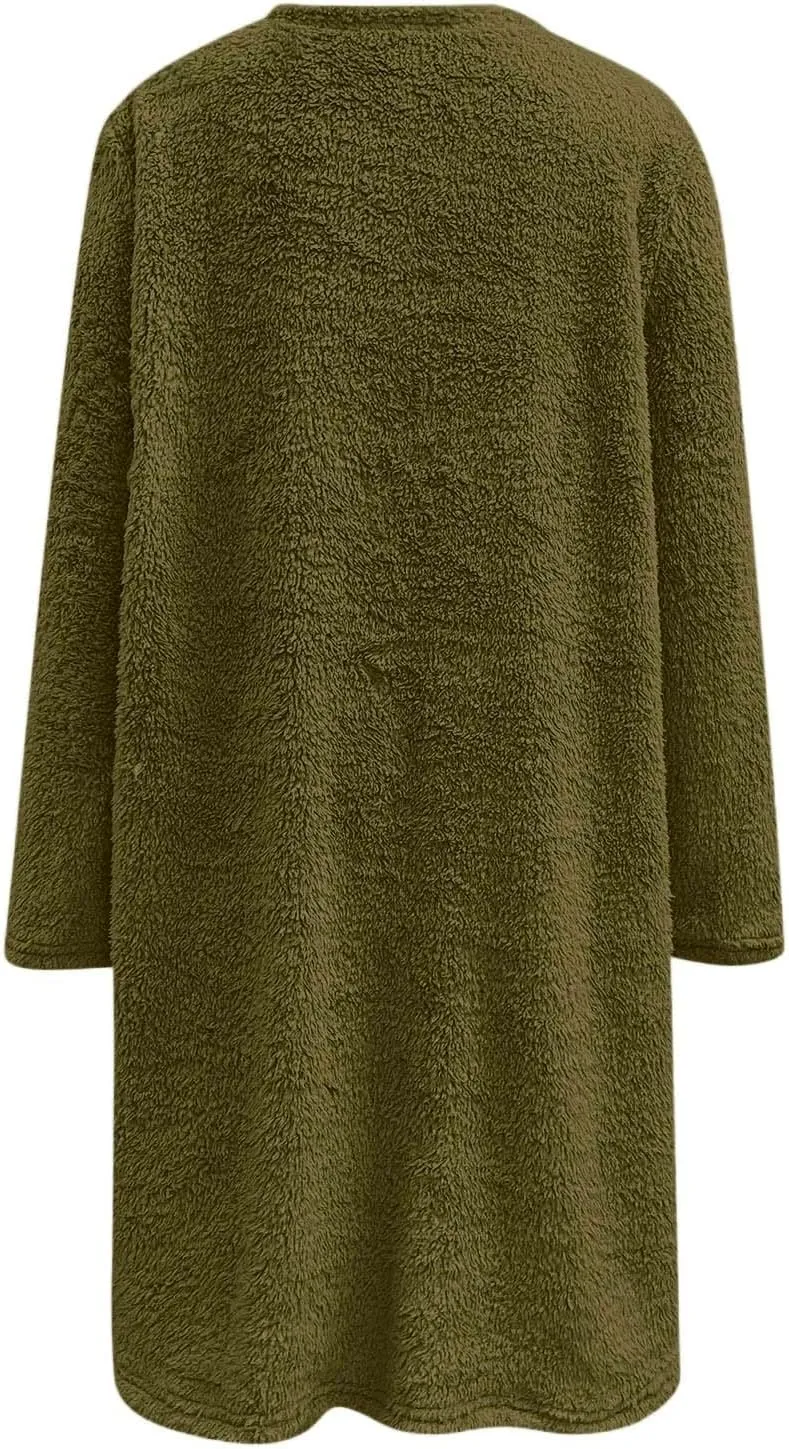 Fall Sweaters for Women 2024 Long Fuzzy Fleece Pullover Trendy Casual Crewneck Sweatshirt Shaggy Coat with Pockets