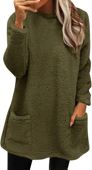 Fall Sweaters for Women 2024 Long Fuzzy Fleece Pullover Trendy Casual Crewneck Sweatshirt Shaggy Coat with Pockets
