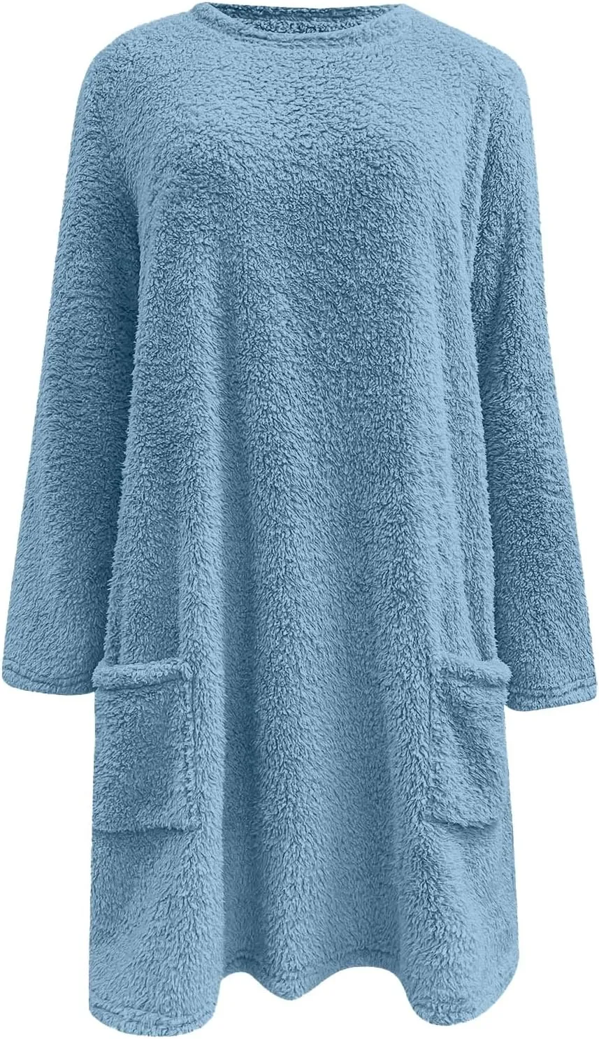 Fall Sweaters for Women 2024 Long Fuzzy Fleece Pullover Trendy Casual Crewneck Sweatshirt Shaggy Coat with Pockets