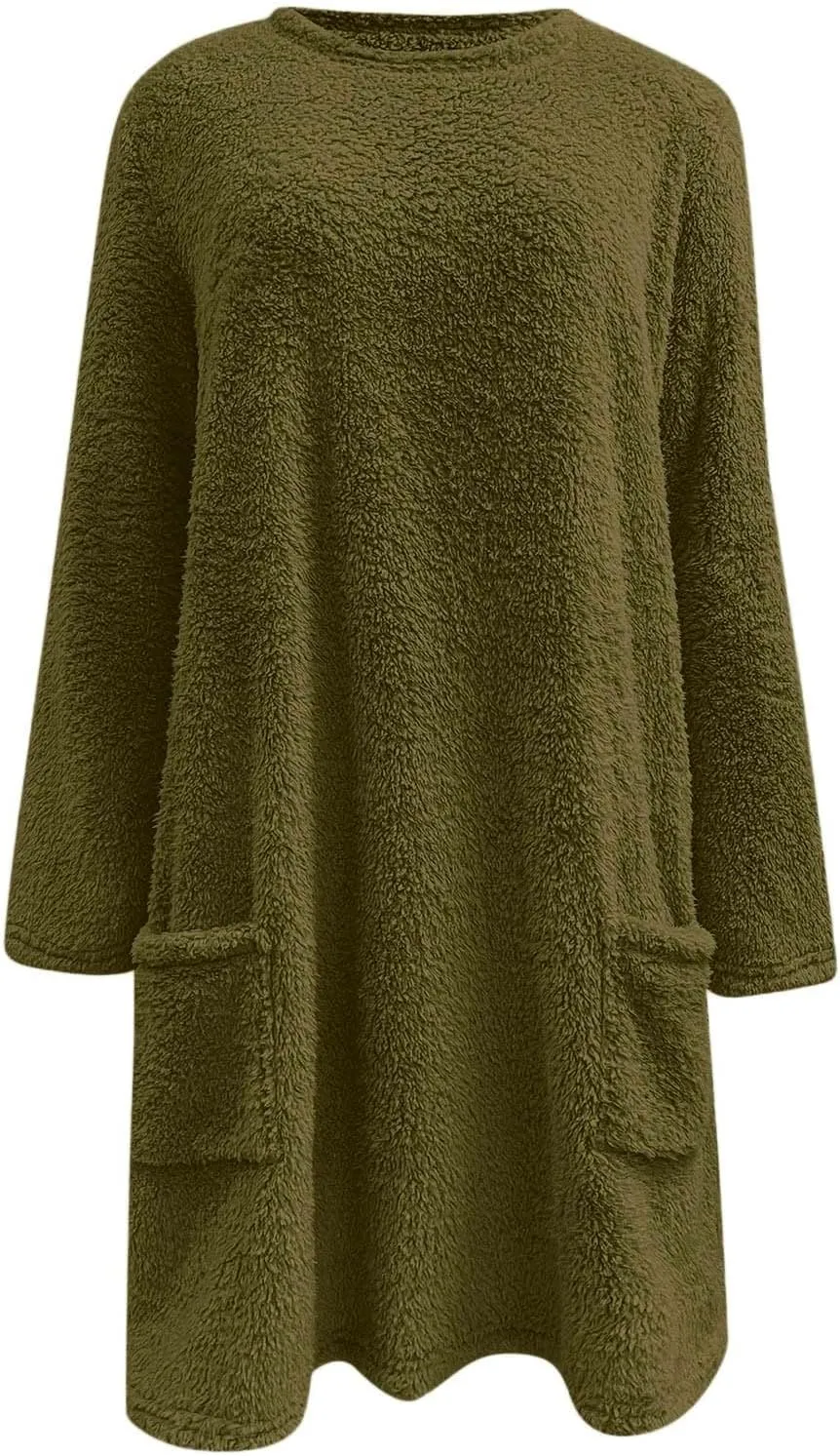 Fall Sweaters for Women 2024 Long Fuzzy Fleece Pullover Trendy Casual Crewneck Sweatshirt Shaggy Coat with Pockets