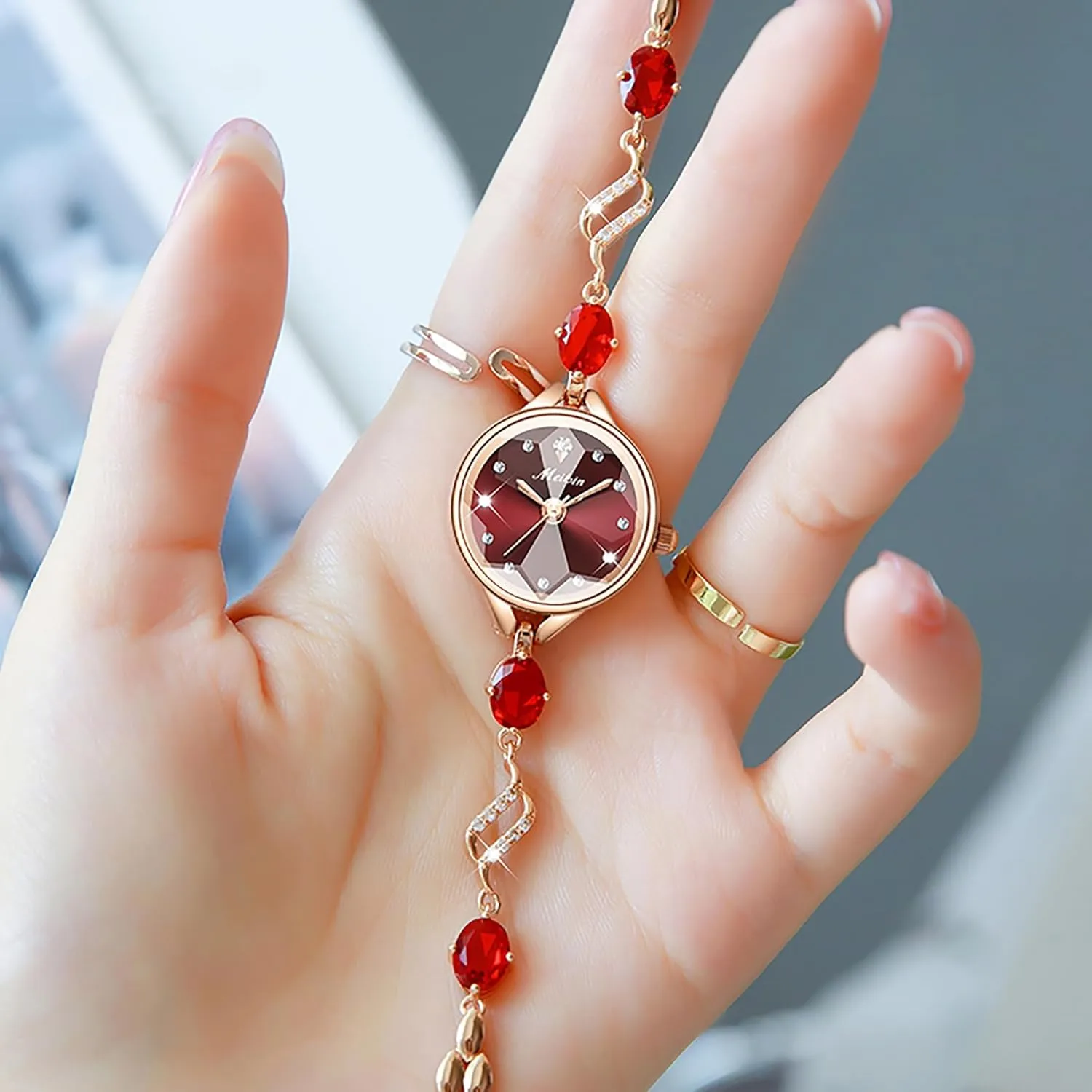 Fashion Jewelry Womens Wach Bracelet Watch for Women Rose Gold Strap with Ruby Crystal for Wife Girlfriend or Mothers Idea Gift for Special Women in Life(Ruby)