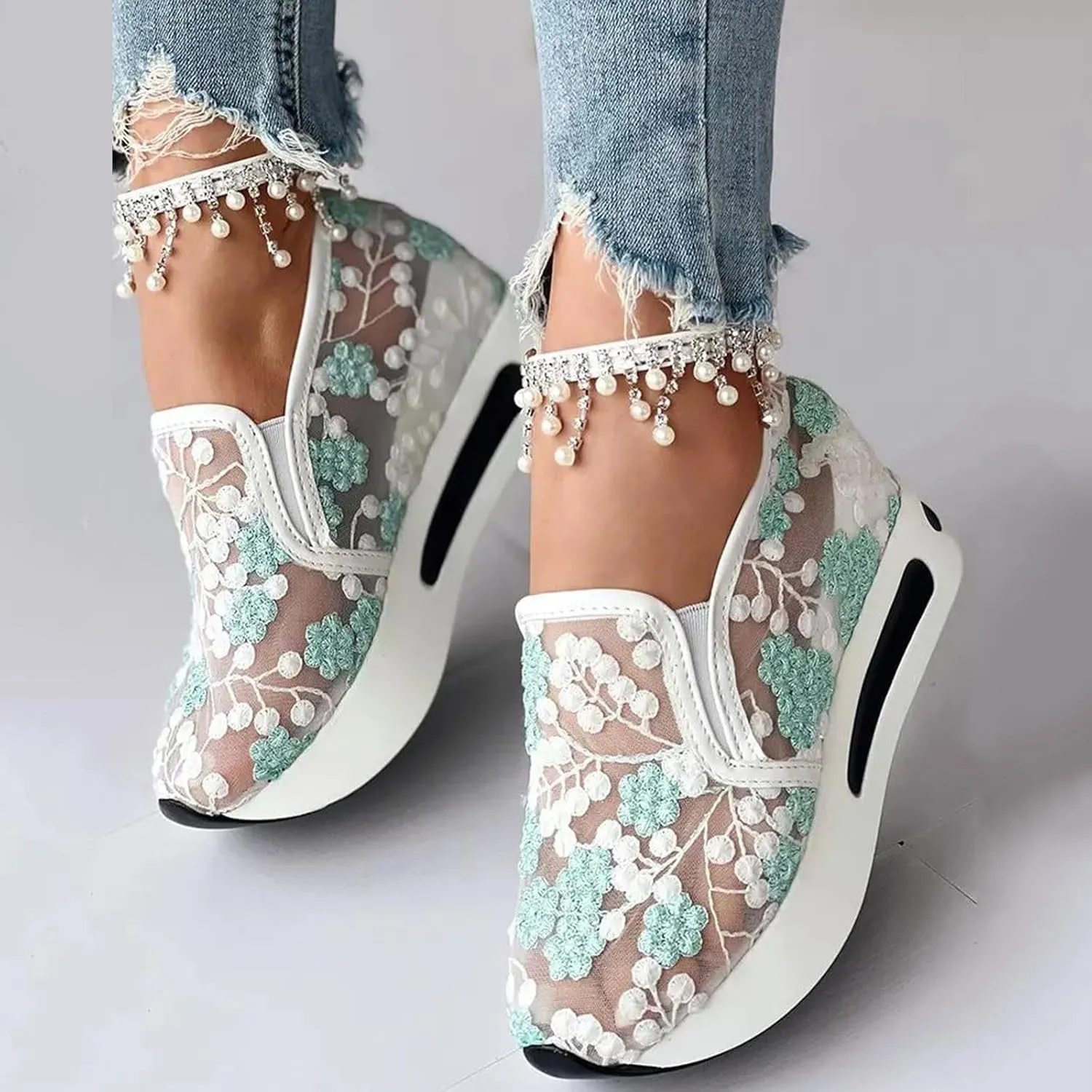 Fashion Sneakers for Women 2025,Floral Embroidery Breathable Sheer Mesh Sneakers Floral Comfort Chunky Sole Hidden High Heels Slip On Loafers Walking Work Wedding Bridal Bling Tennis Shoes