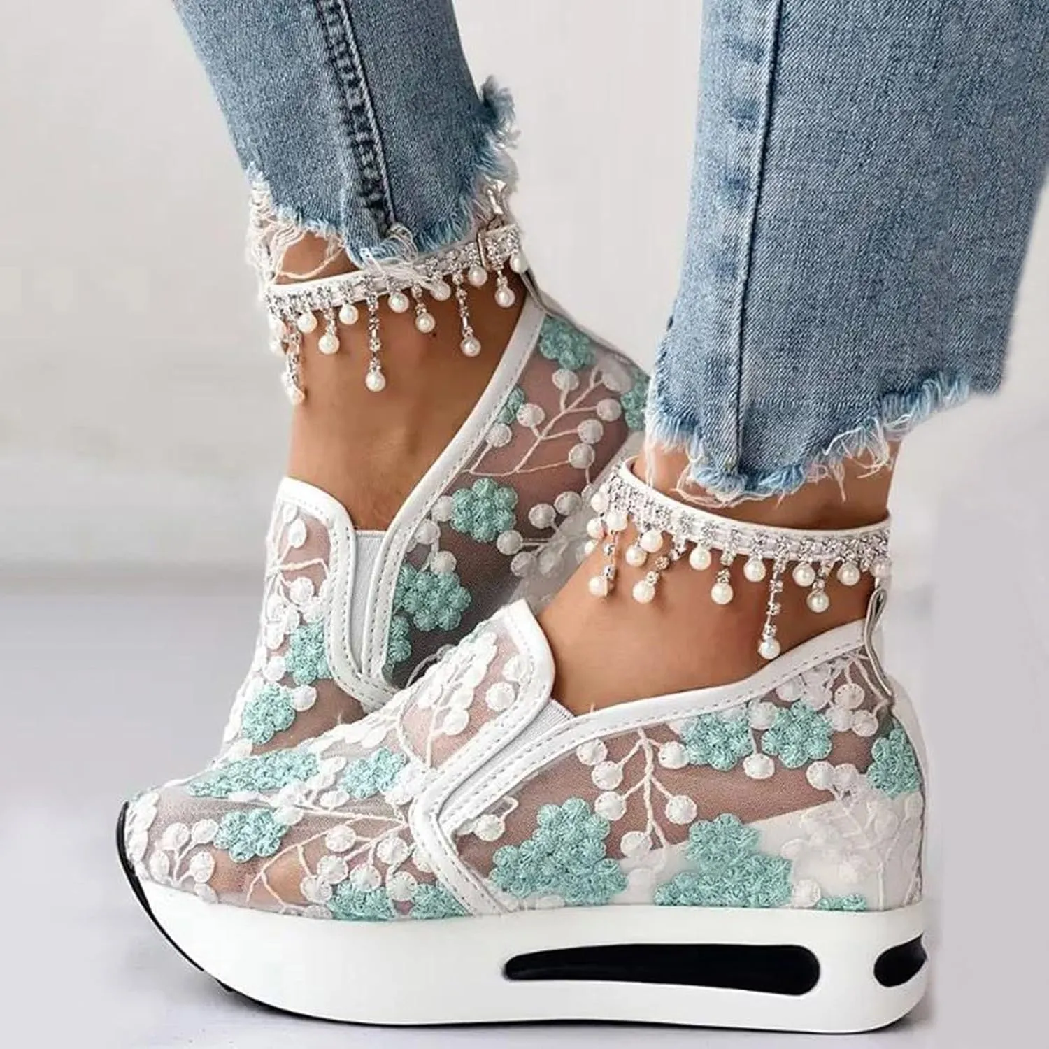 Fashion Sneakers for Women 2025,Floral Embroidery Breathable Sheer Mesh Sneakers Floral Comfort Chunky Sole Hidden High Heels Slip On Loafers Walking Work Wedding Bridal Bling Tennis Shoes