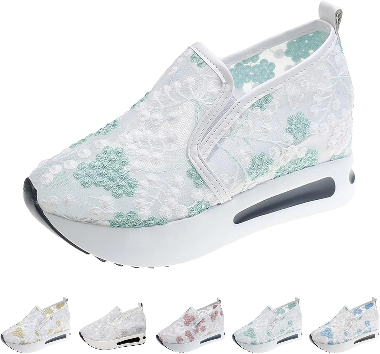 Fashion Sneakers for Women 2025,Floral Embroidery Breathable Sheer Mesh Sneakers Floral Comfort Chunky Sole Hidden High Heels Slip On Loafers Walking Work Wedding Bridal Bling Tennis Shoes