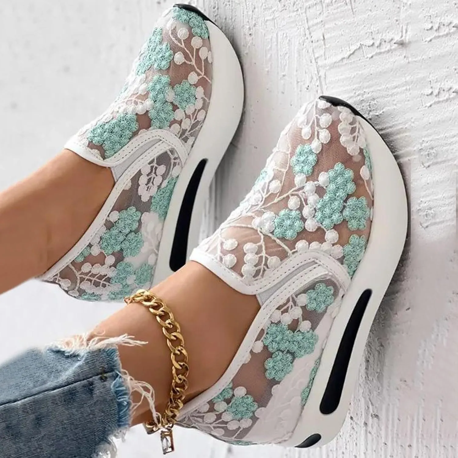 Fashion Sneakers for Women 2025,Floral Embroidery Breathable Sheer Mesh Sneakers Floral Comfort Chunky Sole Hidden High Heels Slip On Loafers Walking Work Wedding Bridal Bling Tennis Shoes