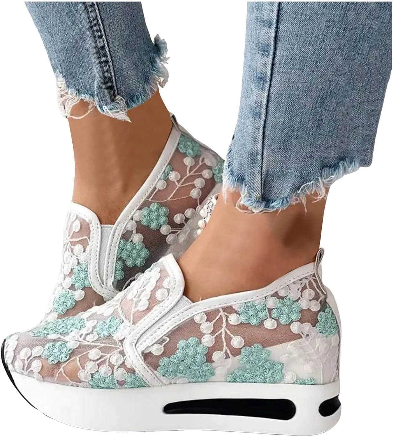 Fashion Sneakers for Women 2025,Floral Embroidery Breathable Sheer Mesh Sneakers Floral Comfort Chunky Sole Hidden High Heels Slip On Loafers Walking Work Wedding Bridal Bling Tennis Shoes