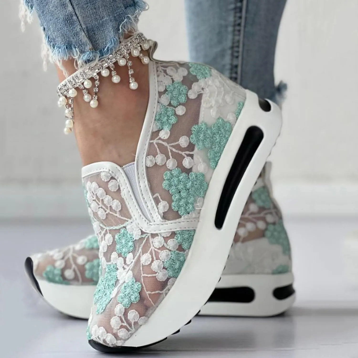 Fashion Sneakers for Women 2025,Floral Embroidery Breathable Sheer Mesh Sneakers Floral Comfort Chunky Sole Hidden High Heels Slip On Loafers Walking Work Wedding Bridal Bling Tennis Shoes