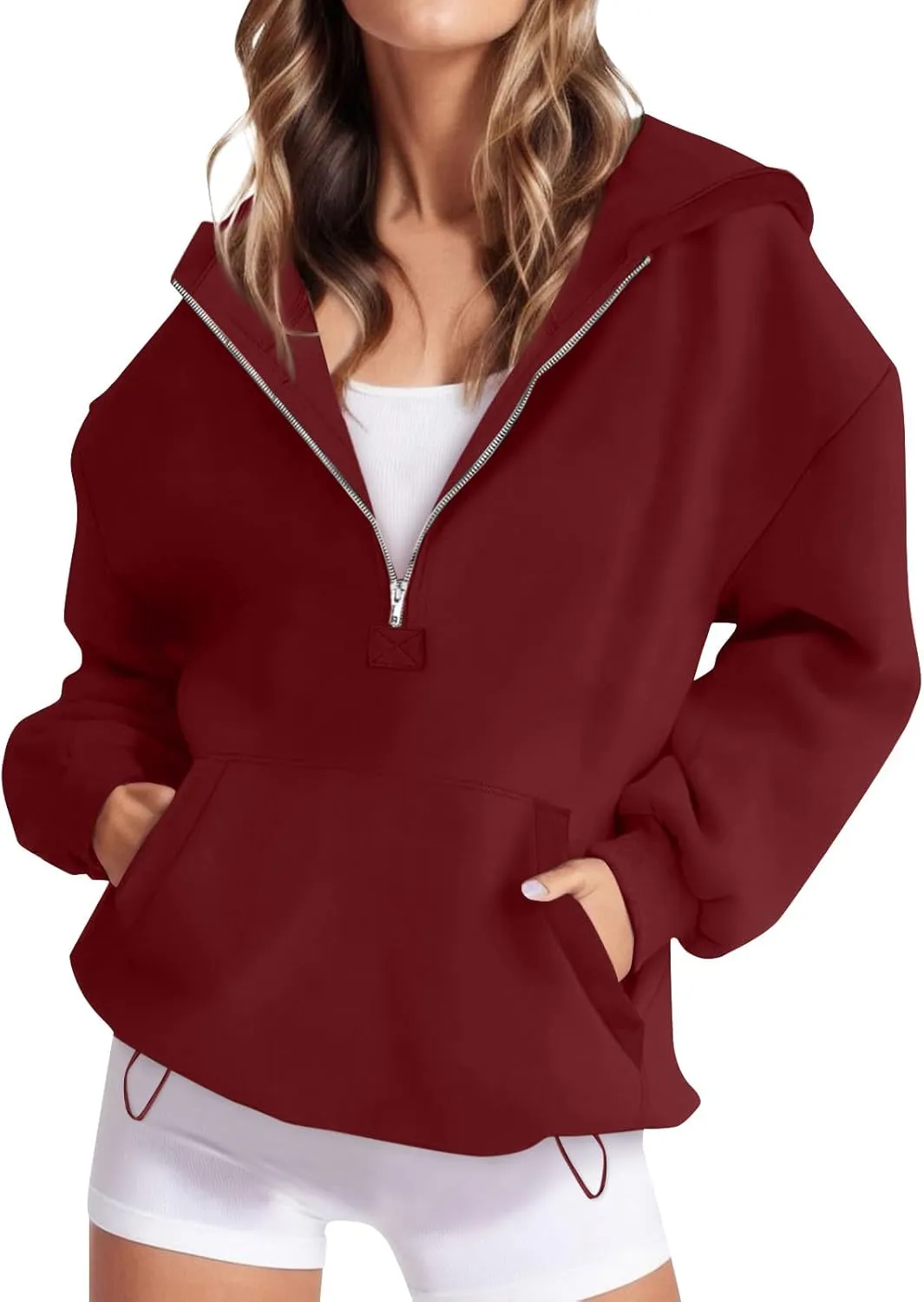 Fleece Oversized Hoodie Women Loose Fit Half Zip Pullover Sweatshirts Trendy Drawstring Hem Jacket with Pockets
